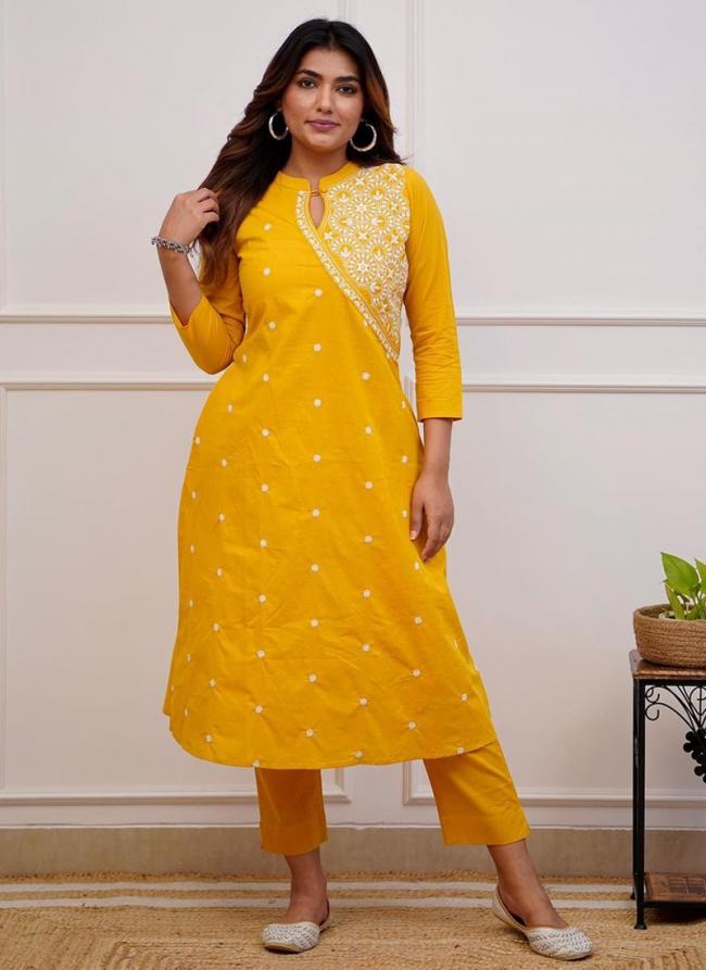 Cotton Yellow Office Wear Embroidery Work Readymade Kurti With Pant